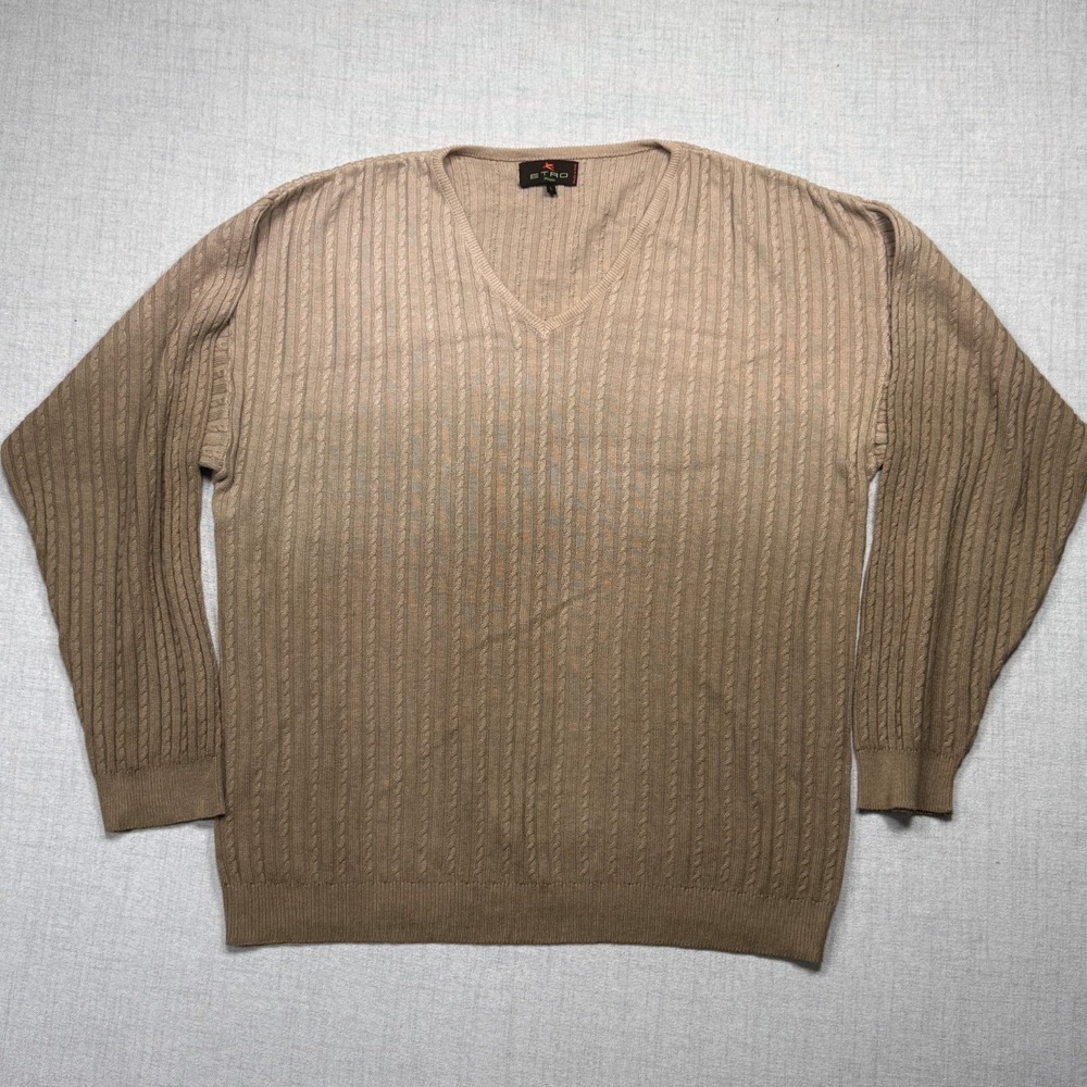 Vintage ETRO Milano Pullover Cable Knit V Neck Beige Oversized Classic Size L